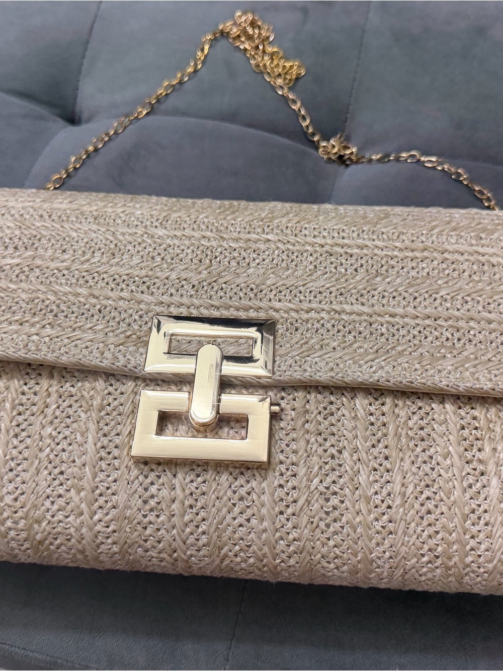 Bijoux Terner Cream Knit Clutch with Gold Chain and Hardware